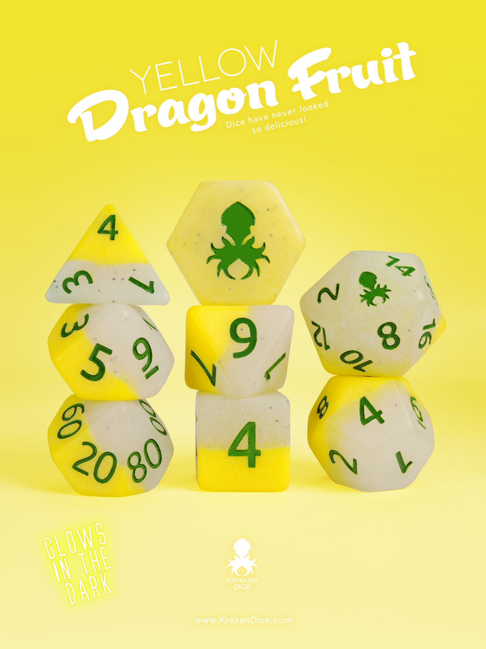 Yellow Dragon Fruit Glow in the Dark 8pc Dice Set inked in Green